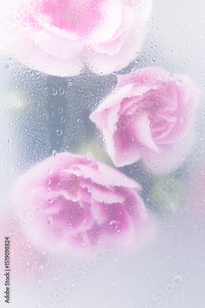 Fototapeta Bright beautiful bouquet of purple flowers arrangement behind a white matte glass blurry with water drops,soft focus,DOF- depth of field