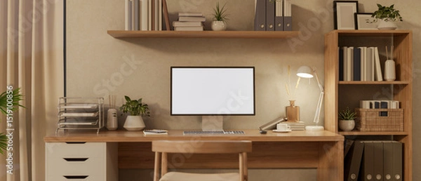 Fototapeta Blank screen computer on wooden table and a chair under hanging display shelf in a cosy study room.