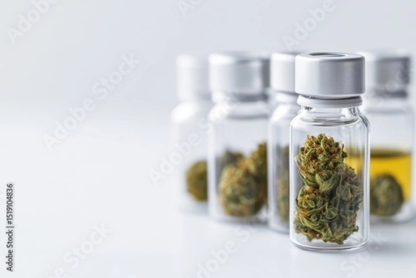 Fototapeta Cannabis and hemp innovation concept. Bottles containing cannabis and oil on a neutral background.
