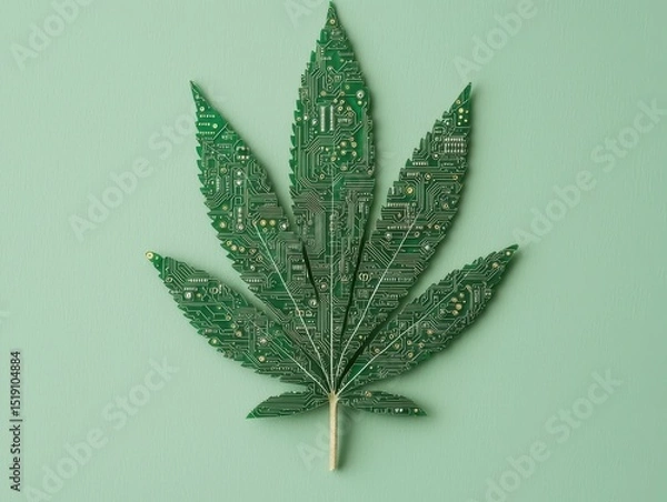 Fototapeta Cannabis and hemp innovation concept. Circuit board leaf design on a green background, blending nature and technology.