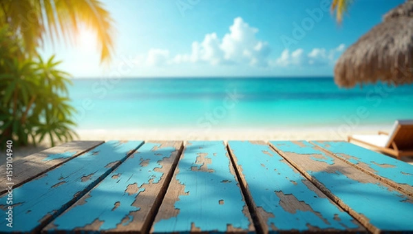 Fototapeta Empty table in front of tropical landscape. for product display