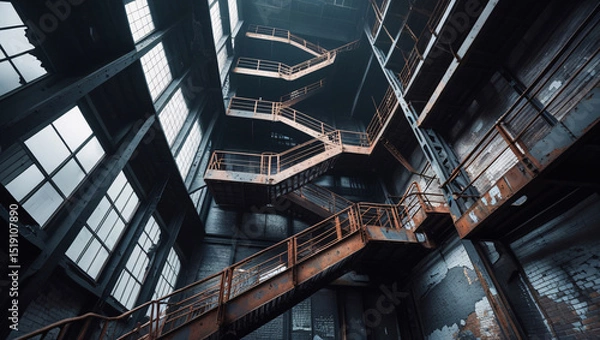 Obraz Rusty Metal Staircases in an Abandoned Industrial Building