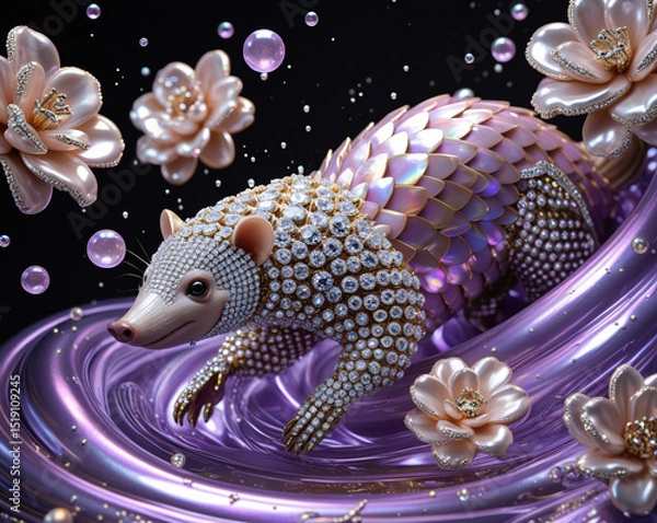 Obraz Diamond Encrusted Pangolin in Purple Liquid with Pearl Flowers