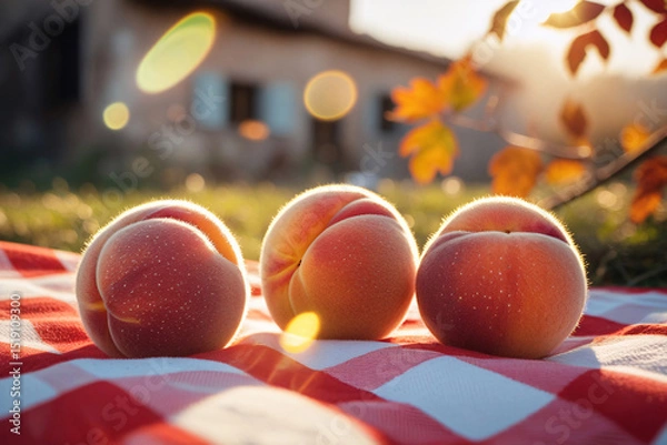 Obraz Three Ripe Peaches on a Red and White Checkered Picnic Blanket at Sunset