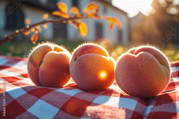 Obraz Three ripe peaches on a red and white checkered picnic blanket in sunlight