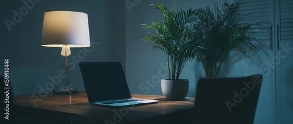 Fototapeta A laptop sits on a desk in a modern home office. A lamp and a plant are nearby in the dimly lit room.
