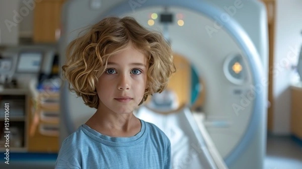 Fototapeta Portrait of a boy in front of MRI machine with blurry backdrop and a space for text or product, Generative AI.
