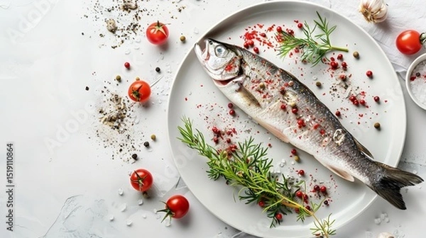 Fototapeta Fresh sea bass fish cooked and kept on a white plate and decorated with lemon and a big space for text or product, Generative AI.