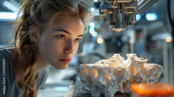 Fototapeta Portrait of a young woman checking 3D printer output with a blurry backdrop and space for text, Generative AI.