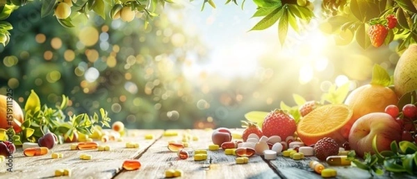Fototapeta Fresh healthy summer fruits with a nature backdrop in a wooden surface a concept of multivitamin with a nature backdrop, Generative AI.