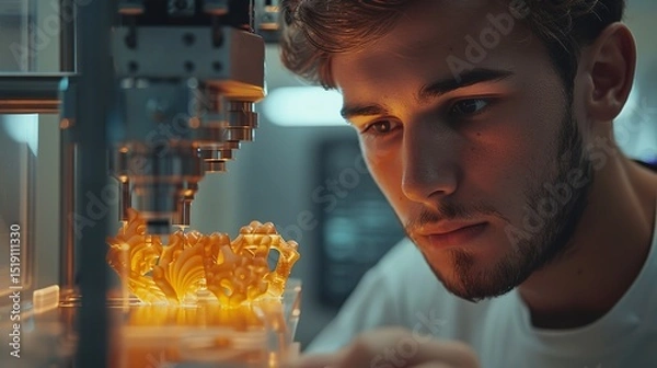 Fototapeta Portrait of a young male checking 3D printer output with blurry backdrop and space for text or product, Generative AI.