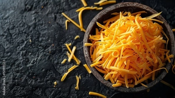 Fototapeta Over a dark backdrop, a bowl of shrunken cheddar cheese shimmers overhead view and space, Generative AI.
