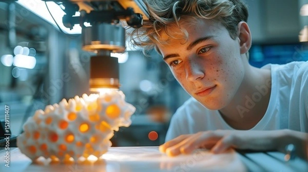 Fototapeta Portrait of a young male checking 3D printer output with blurry backdrop and space for text or product, Generative AI.