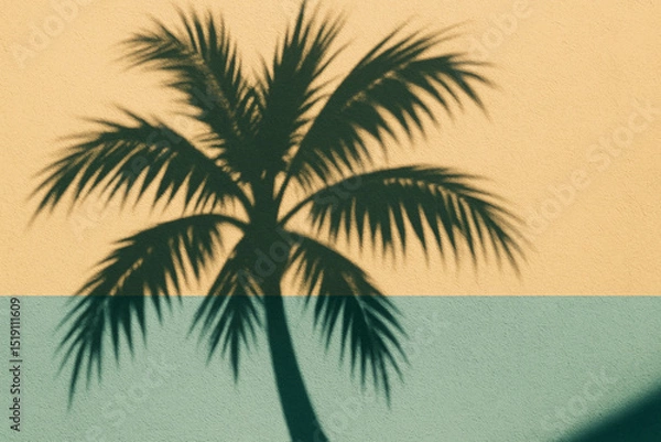 Fototapeta Palm Tree Silhouette Casting Shadow on Colorful Wall in Tropical Sunset Light
