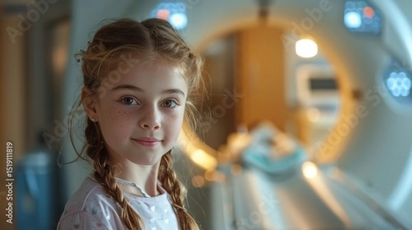 Fototapeta Portrait of a girl in front of MRI machine with blurry backdrop and a big space for text or product, Generative AI.