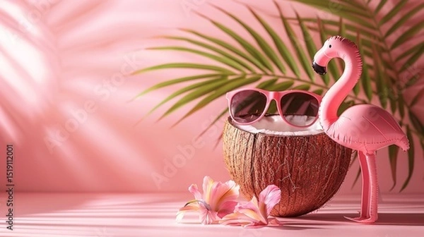 Fototapeta A coconut in pink backdrop with flamingo bird model with a big space for text or product, Generative AI.