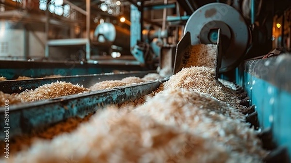 Fototapeta Portrait of the rice processing machinery factory with a big space and blurry backdrop for text or product, Generative AI.