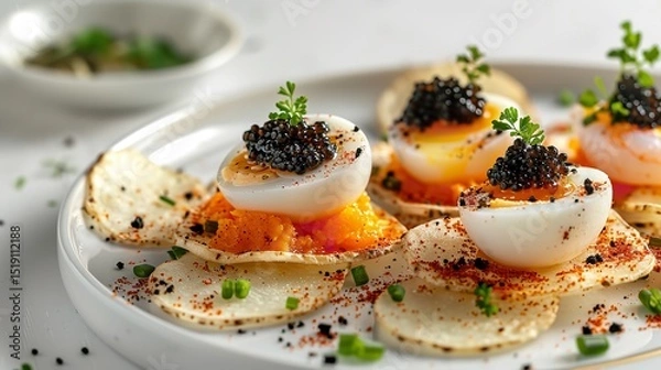 Fototapeta Portrait of quail egg appetizer with squid and shrimp in a white plate with a big space for text or product, Generative AI.