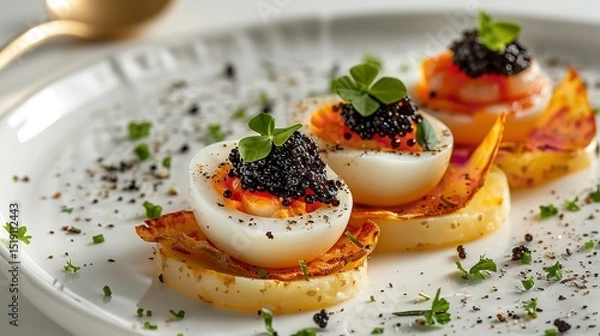Fototapeta Portrait of quail egg appetizer with squid and shrimp in a white plate with a big space for text or product, Generative AI.