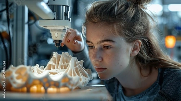 Fototapeta Portrait of a young woman checking 3D printer output with a blurry backdrop and space for text, Generative AI.