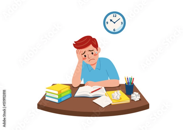 Obraz Overwhelmed Student Struggling with Studies, Feeling Stressed and Anxious - Time Management and Academic Pressure