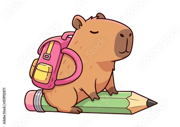 Obraz Adorable Capybara Student Back-to-School Illustration Featuring a Cute Rodent with Backpack on Pencil
