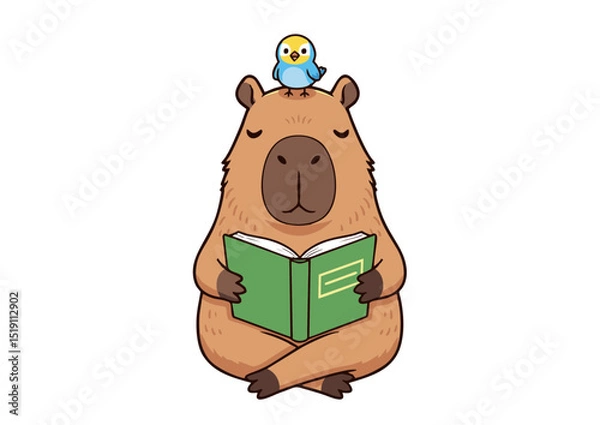 Obraz Capybara Reading a Book with a Bird on its Head Serene Illustration