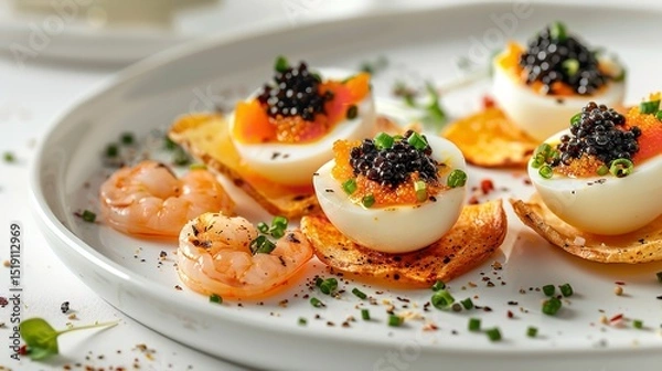 Fototapeta Portrait of quail egg appetizer with squid and shrimp in a white plate with a big space for text or product, Generative AI.