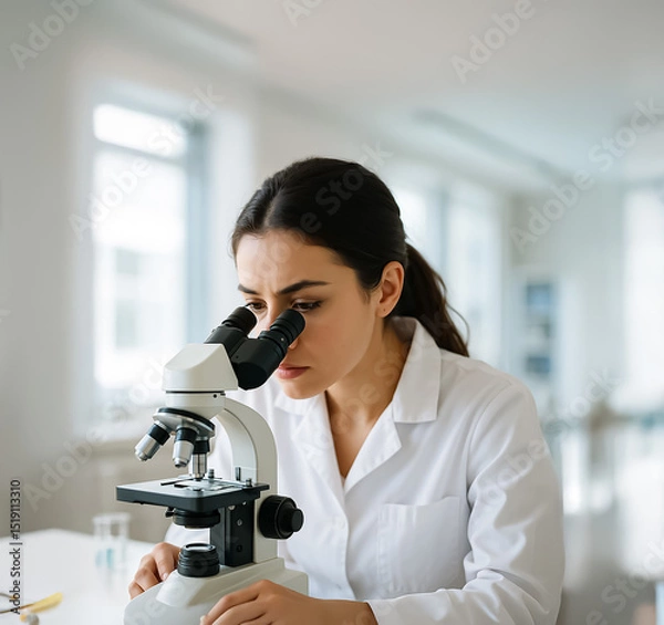 Fototapeta Focused female scientist examining a sample through a microscope in a bright laboratory, showcasing scientific observation and detail-oriented research.