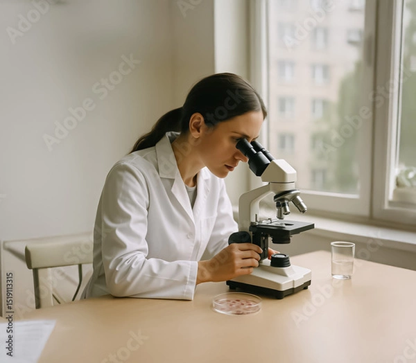 Fototapeta Female researcher observing cell samples through a microscope while holding a dish, set in a bright research facility with daylight view.