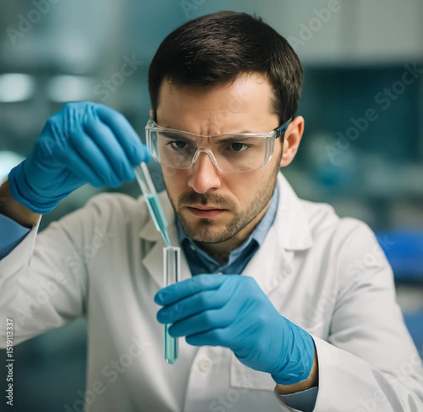 Fototapeta Focused scientist in protective glasses and gloves transferring blue liquid between test tubes in a modern lab setting.