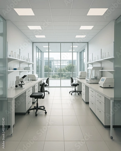 Obraz Clean and bright biotechnology lab with microscopes, computer screens displaying cell images, and large glass windows for natural lighting.