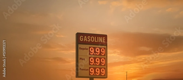 Fototapeta A gas station price sign displays an exaggerated $9.99 for all fuel types at sunset, symbolizing fuel inflation, oil dependency, and the rising cost of fossil energy.