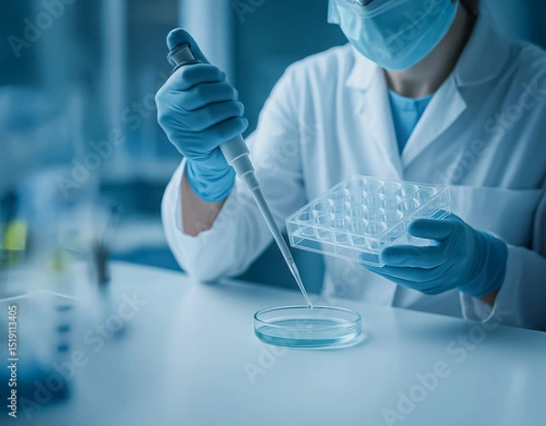 Fototapeta Scientist using a pipette to place samples into a petri dish with a tray of test wells, emphasizing sterile technique and laboratory precision.