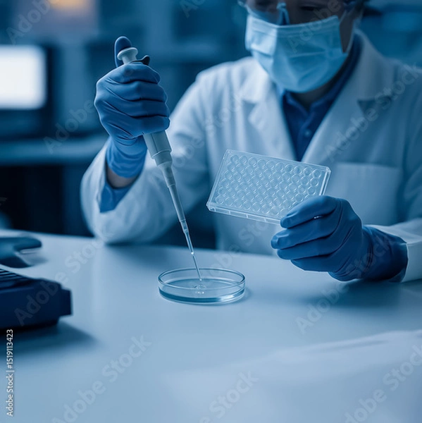 Fototapeta Gloved hands performing lab testing with a pipette over a sterile petri dish and well plate, highlighting scientific accuracy in a blue-toned lab.