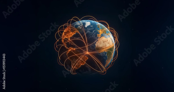Fototapeta Digital visualization of Earth with glowing orange network lines connecting continents, symbolizing global connectivity, technology, and communication.