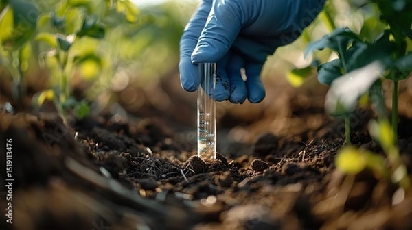 Fototapeta Portrait of hand holding soil sample in a tube with a big space for text or product and a blurry nature backdrop, Generative AI.