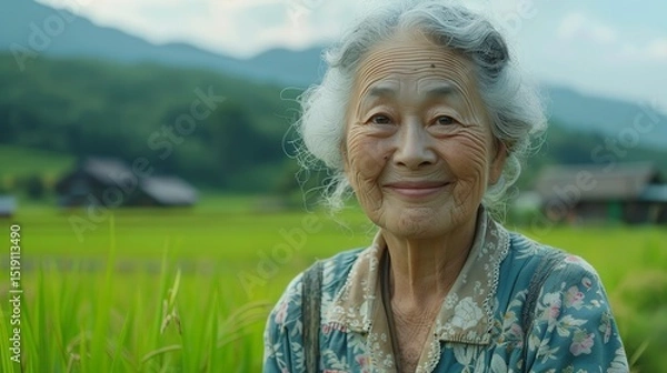 Fototapeta Portrait of Asian aged woman posing against a rice field  with a big space for text or product, Generative AI.