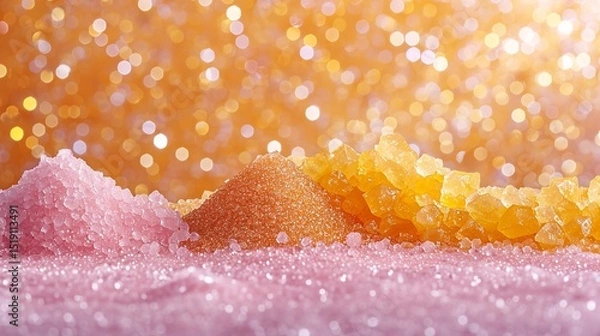 Fototapeta A big copy space of pile of yellow and pink crystal sugars in a pink surface with a big copy space, Generative AI.