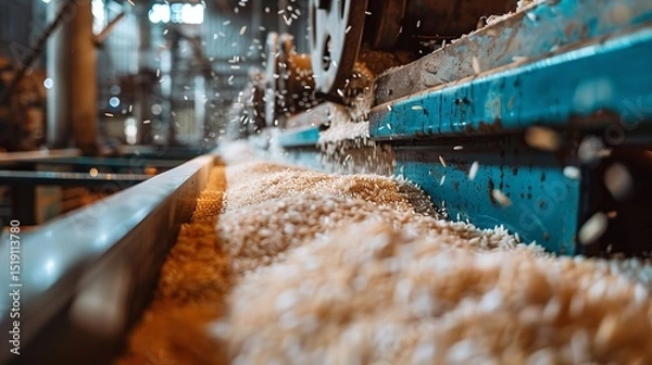 Fototapeta Portrait of the rice processing machinery factory with a big space and blurry backdrop for text or product, Generative AI.