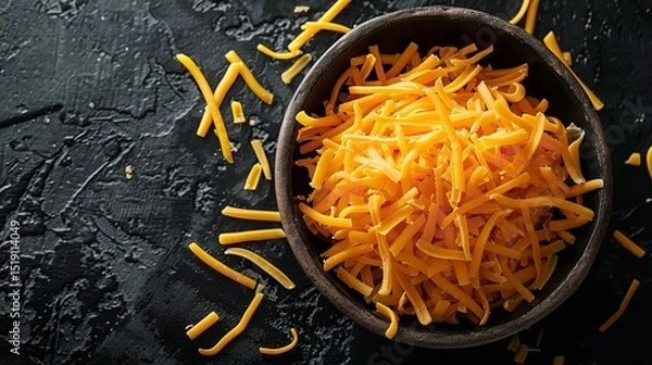 Fototapeta Over a dark backdrop, a bowl of shrunken cheddar cheese shimmers overhead view and space, Generative AI.