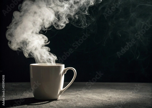 Obraz White Mug with Fluffy Cloud of Steam Against Dark Background