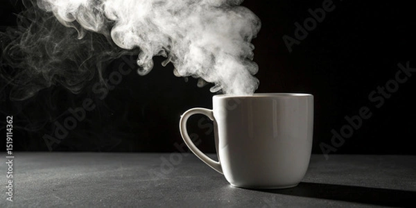 Obraz White Mug with Fluffy Cloud of Steam Against Dark Background