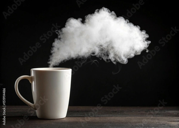 Obraz White Mug with Fluffy Cloud of Steam Against Dark Background