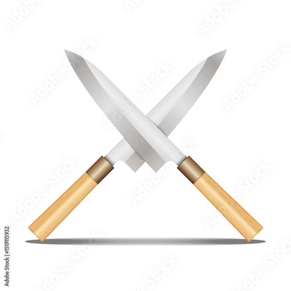 Obraz Crossed chef Japanese knives with sharp silver blades and wooden handles, realistic 3d vector clipart objects isolated on white background, kitchen equipment, or culinary competition poster.