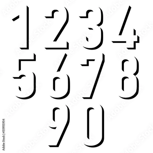 Obraz Stencil numbers from 0 to 9 negative space style with 3d effect, stylish black minimalist numerals design on white background for creative poster typography, abstract math or digital art mockup.