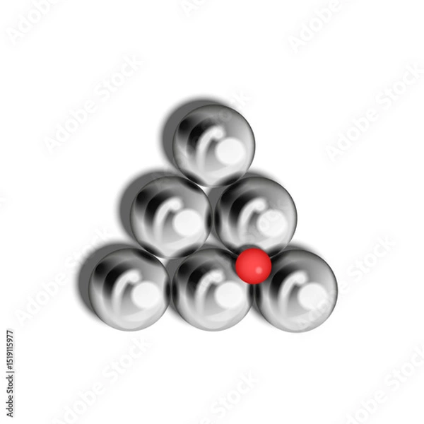 Obraz Realistic 3d pétanque metallic boules arranged in triangular formation with a red target ball, detailed vector illustration of traditional French outdoor game equipment isolated on white background.