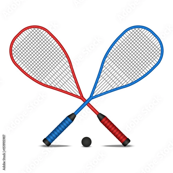 Obraz Two crossed squash rackets realistic 3d vector red and blue colors, and a black rubber ball isolated on white background front view, symbol of squash sport competition, training or active lifestyle.