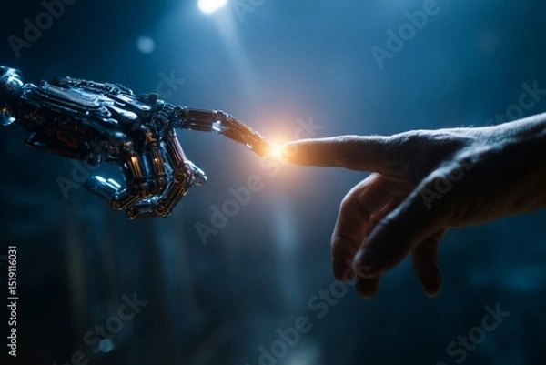 Fototapeta Robotic hand reaching out to touch a human hand, symbolizing human-AI connection