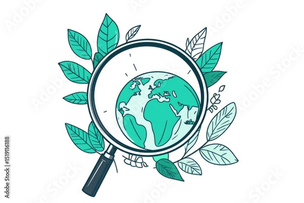 Fototapeta Earth viewed through magnifying glass, surrounded by leaves